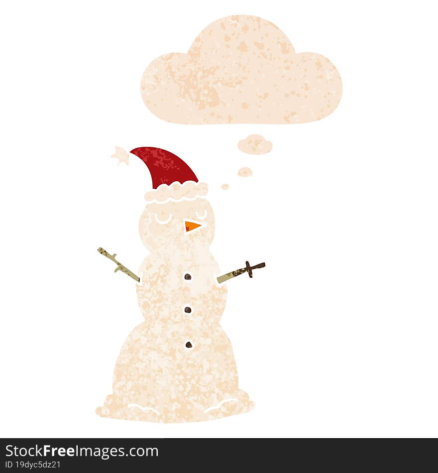 cartoon snowman and thought bubble in retro textured style