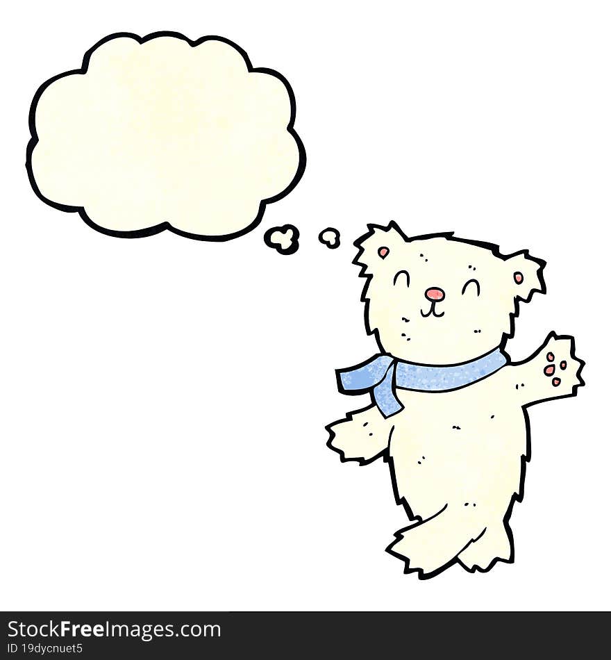 cartoon waving teddy polar bear with thought bubble