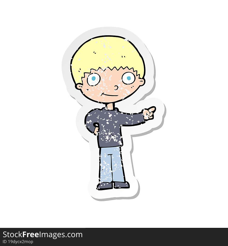 retro distressed sticker of a cartoon happy boy pointing