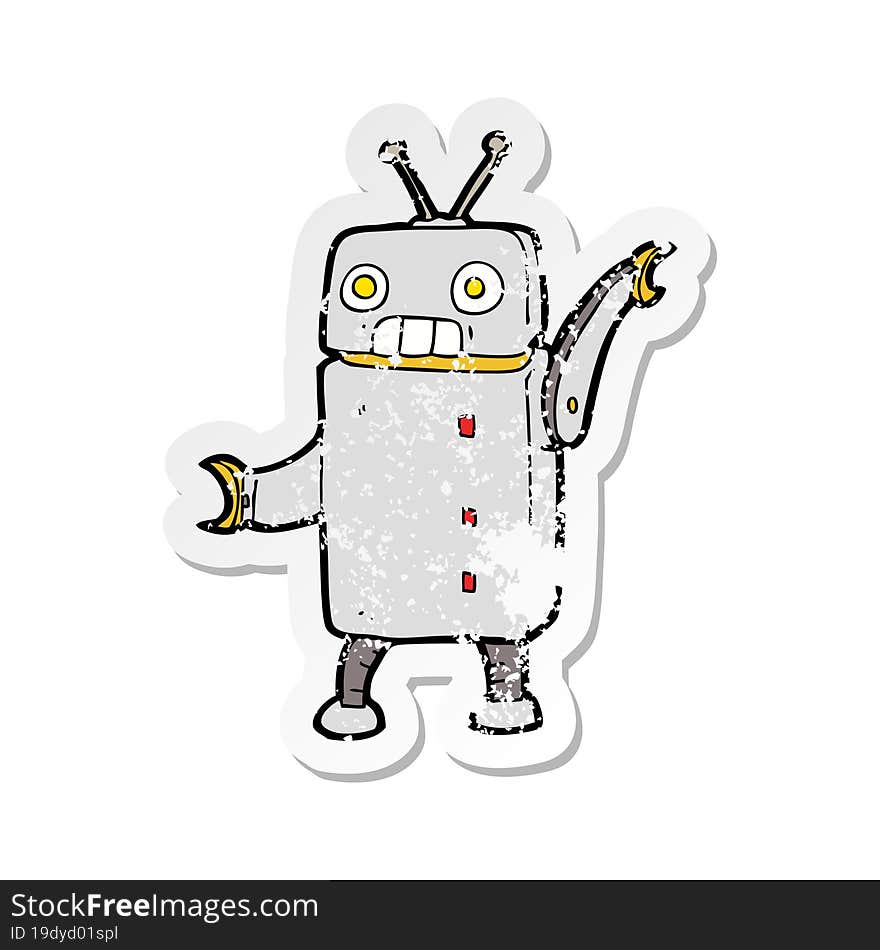 retro distressed sticker of a cartoon funny robot