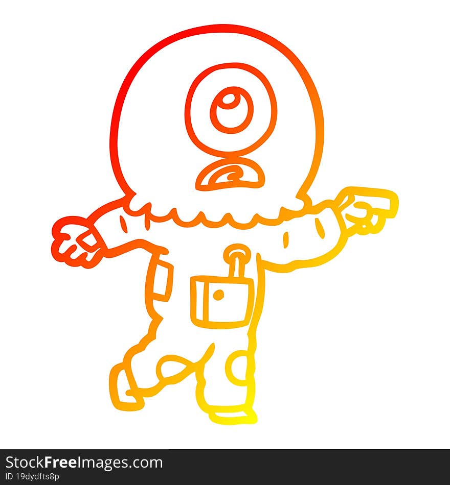 warm gradient line drawing of a cartoon cyclops alien spaceman pointing