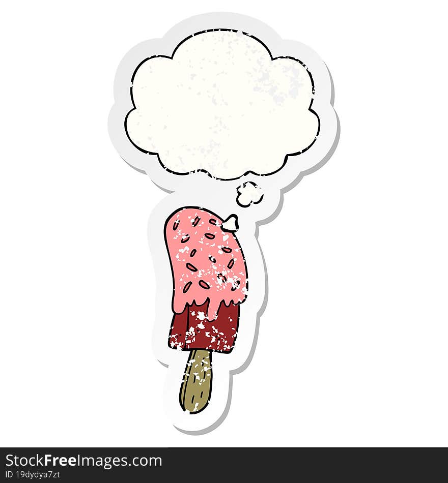 cartoon ice cream lolly and thought bubble as a distressed worn sticker