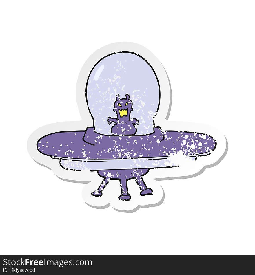 retro distressed sticker of a cartoon alien spaceship