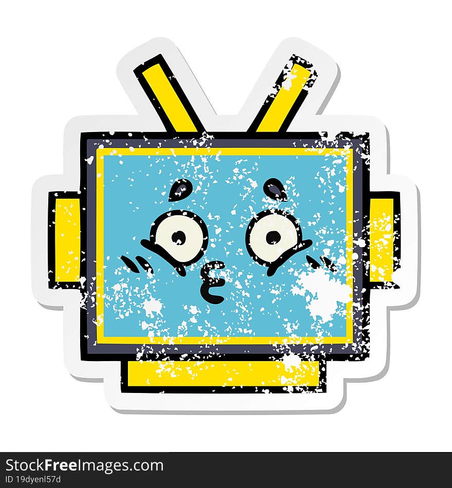 Distressed Sticker Of A Cute Cartoon Robot Head