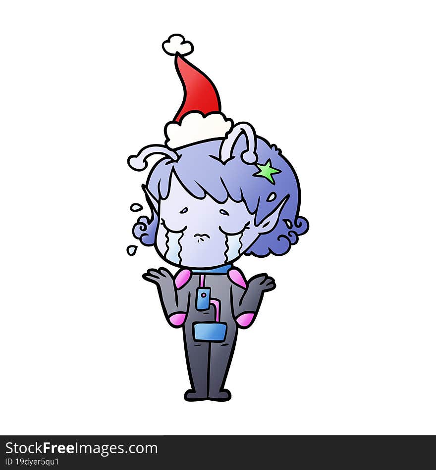 hand drawn gradient cartoon of a crying alien girl wearing santa hat