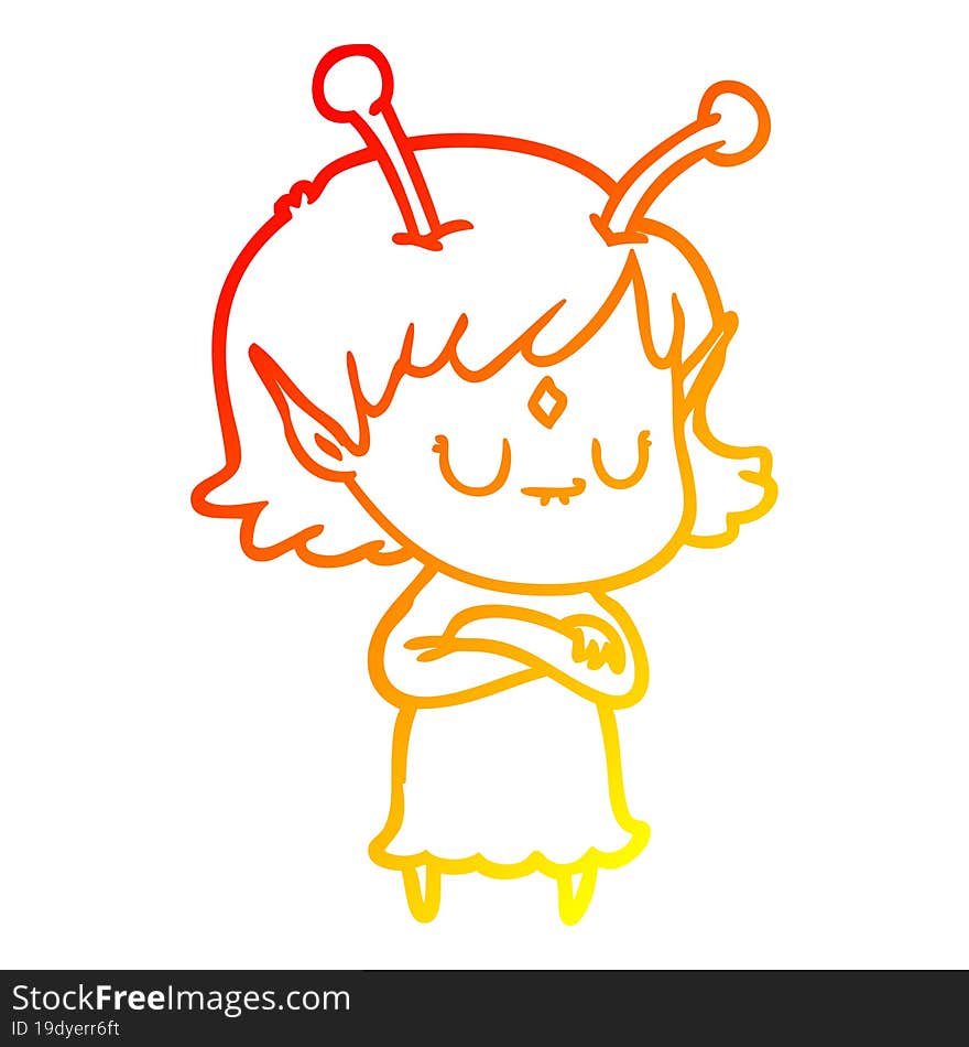 Warm Gradient Line Drawing Cartoon Alien Girl