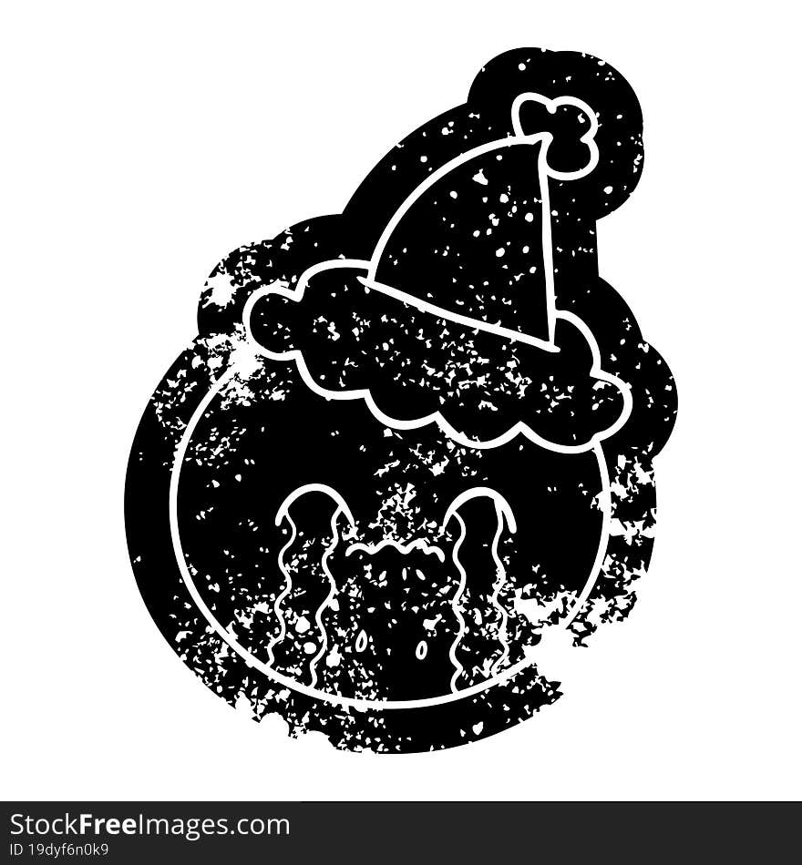 cartoon distressed icon of a orange wearing santa hat