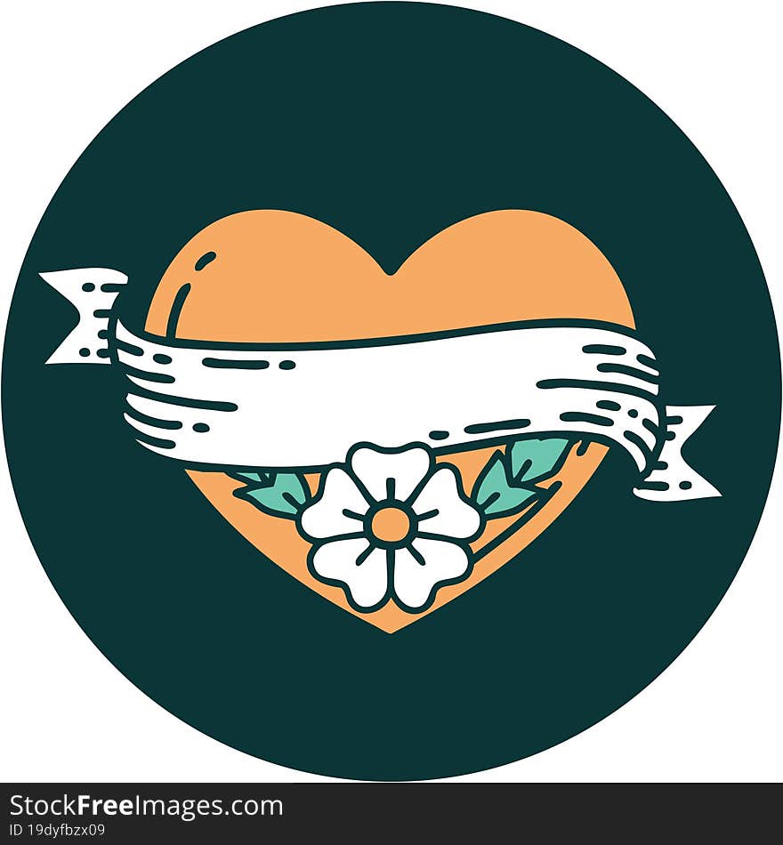 iconic tattoo style image of a heart and banner with flowers. iconic tattoo style image of a heart and banner with flowers