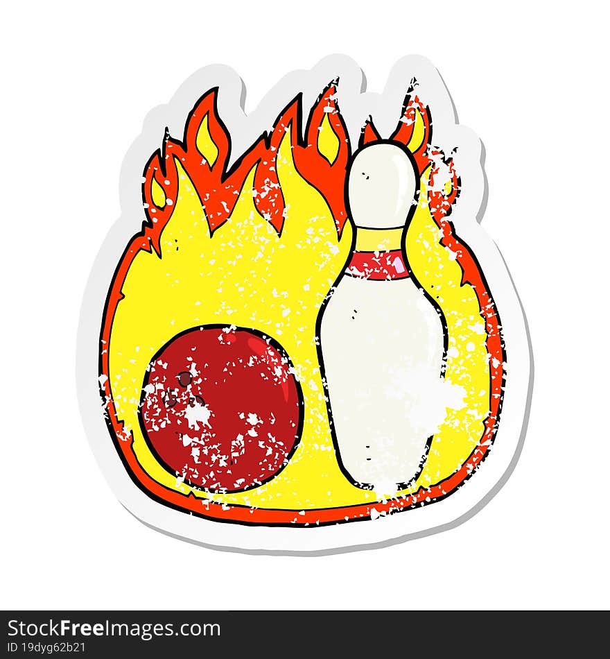 retro distressed sticker of a ten pin bowling cartoon symbol with fire