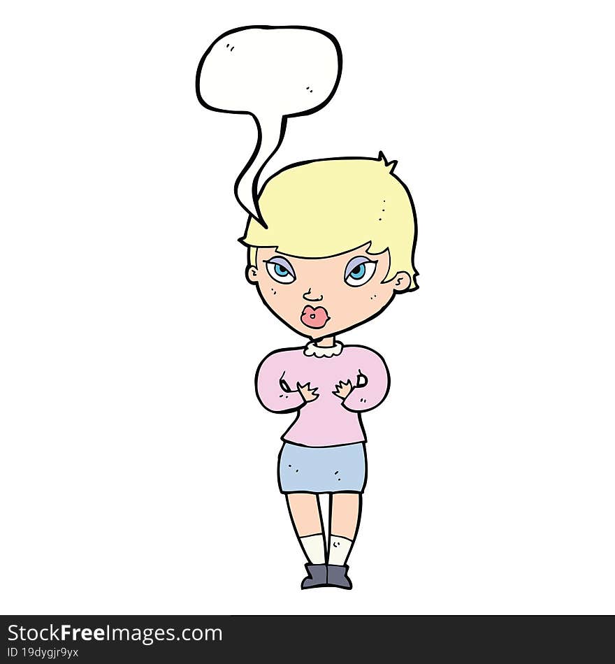 cartoon woman gesturing at self with speech bubble