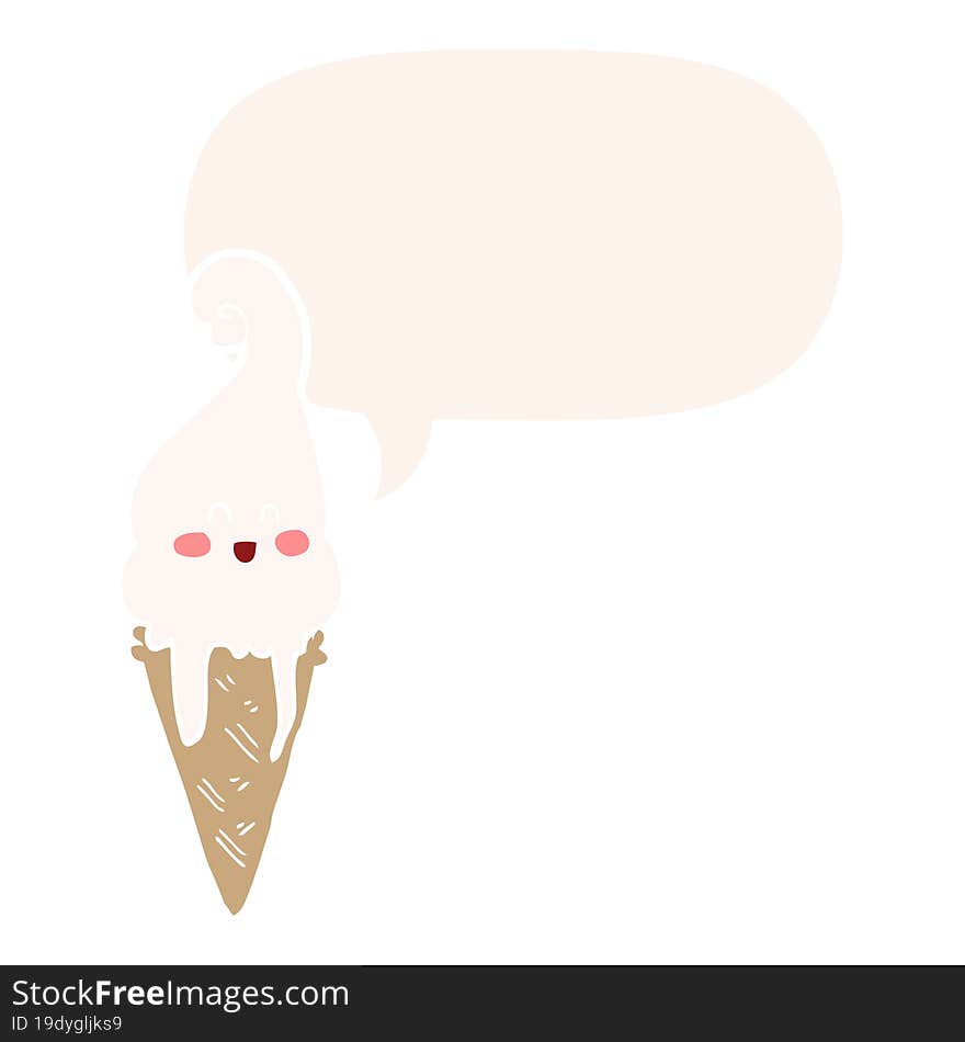 cartoon ice cream and speech bubble in retro style