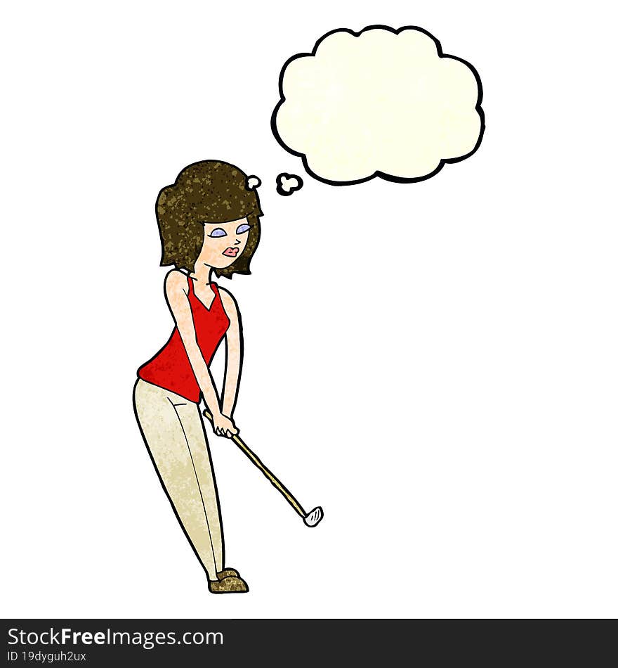 Cartoon Woman Playing Golf With Thought Bubble