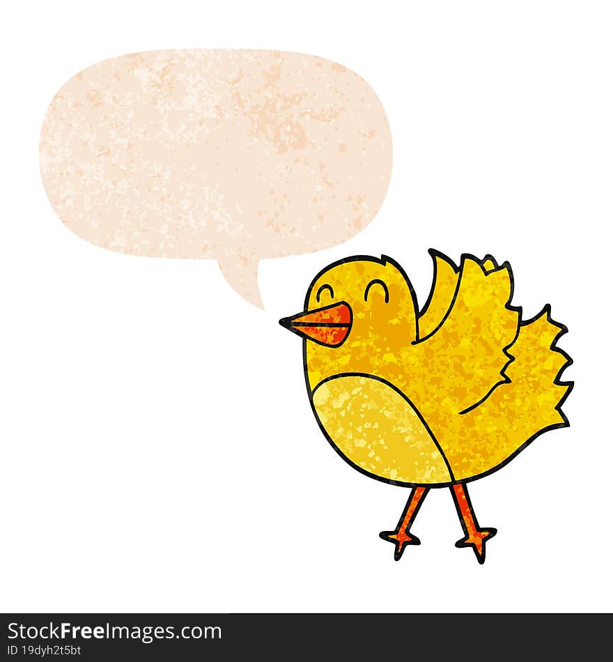 cartoon bird and speech bubble in retro textured style