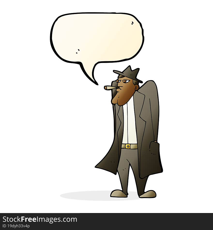 cartoon man in hat and trench coat with speech bubble