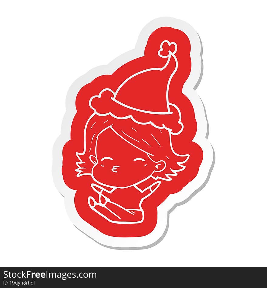 cartoon  sticker of a woman sitting wearing santa hat