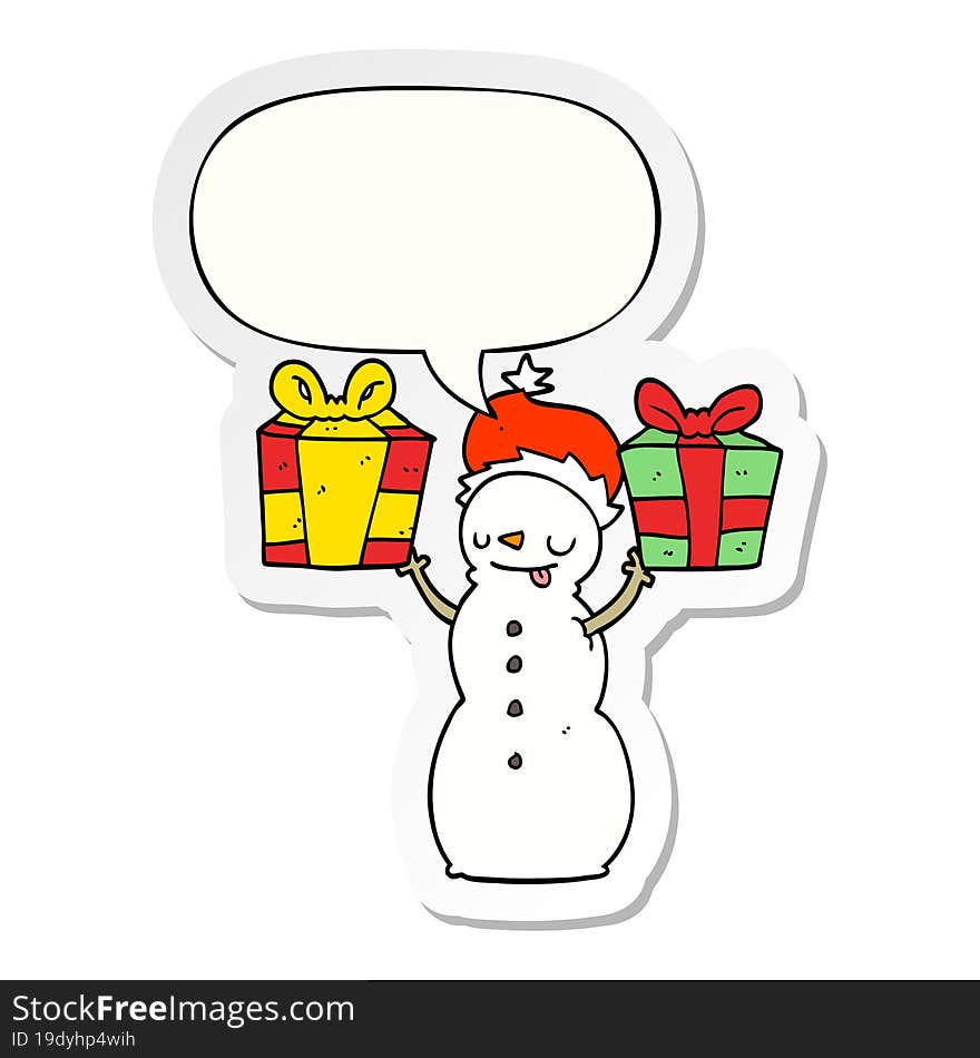 cartoon snowman and present and speech bubble sticker