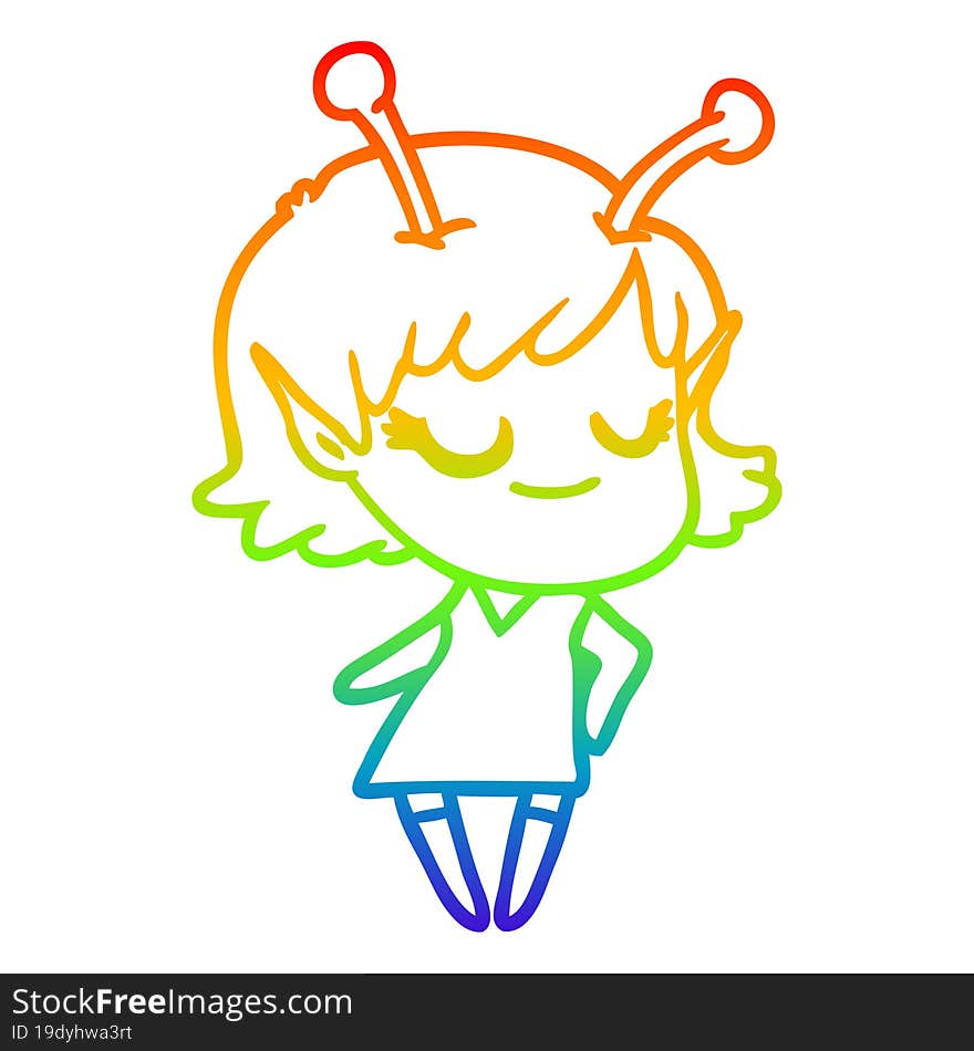 rainbow gradient line drawing smiling alien girl cartoon