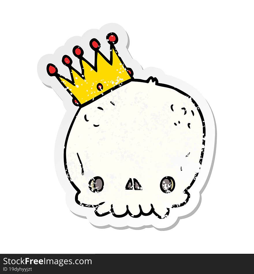 distressed sticker of a cartoon skull with crown