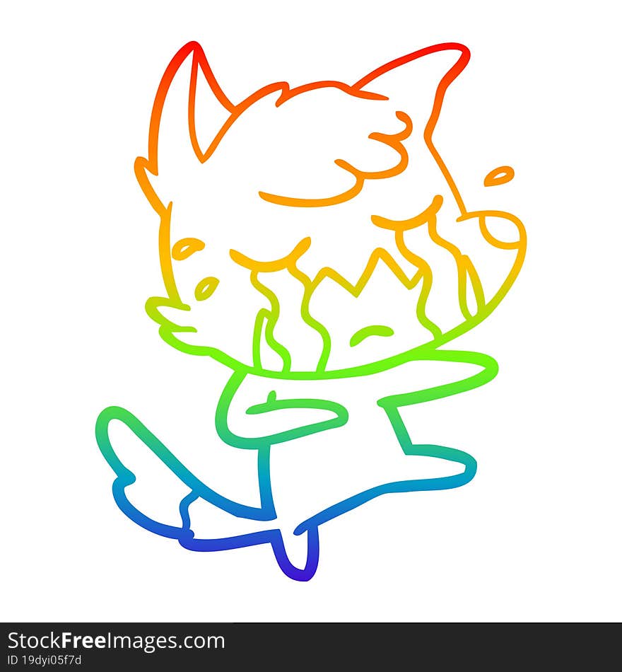 rainbow gradient line drawing of a crying fox cartoon dancing