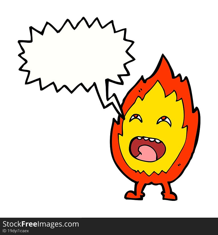 cartoon flame character with speech bubble