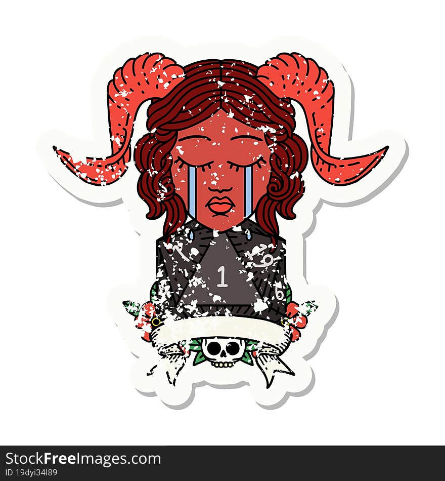 Retro Tattoo Style crying tiefling face with natural one d20. Retro Tattoo Style crying tiefling face with natural one d20