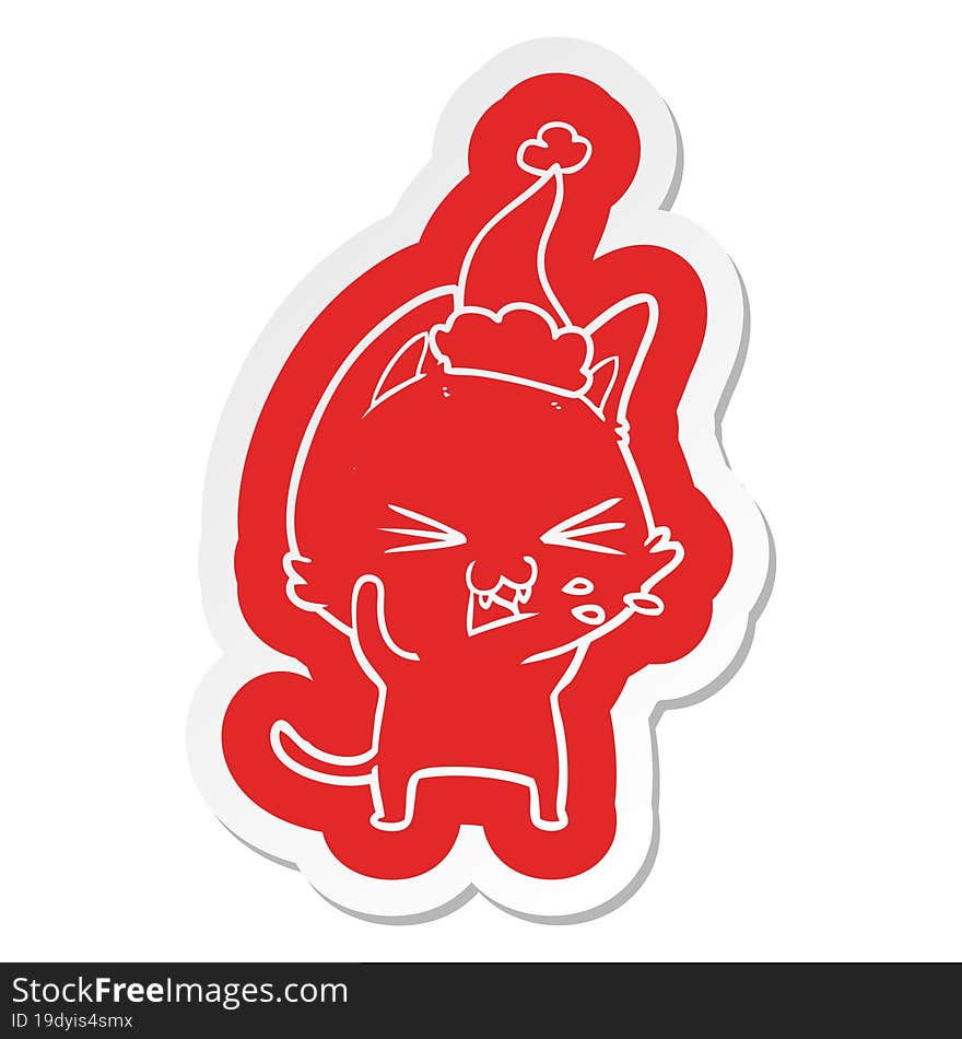 Cartoon  Sticker Of A Cat Hissing Wearing Santa Hat