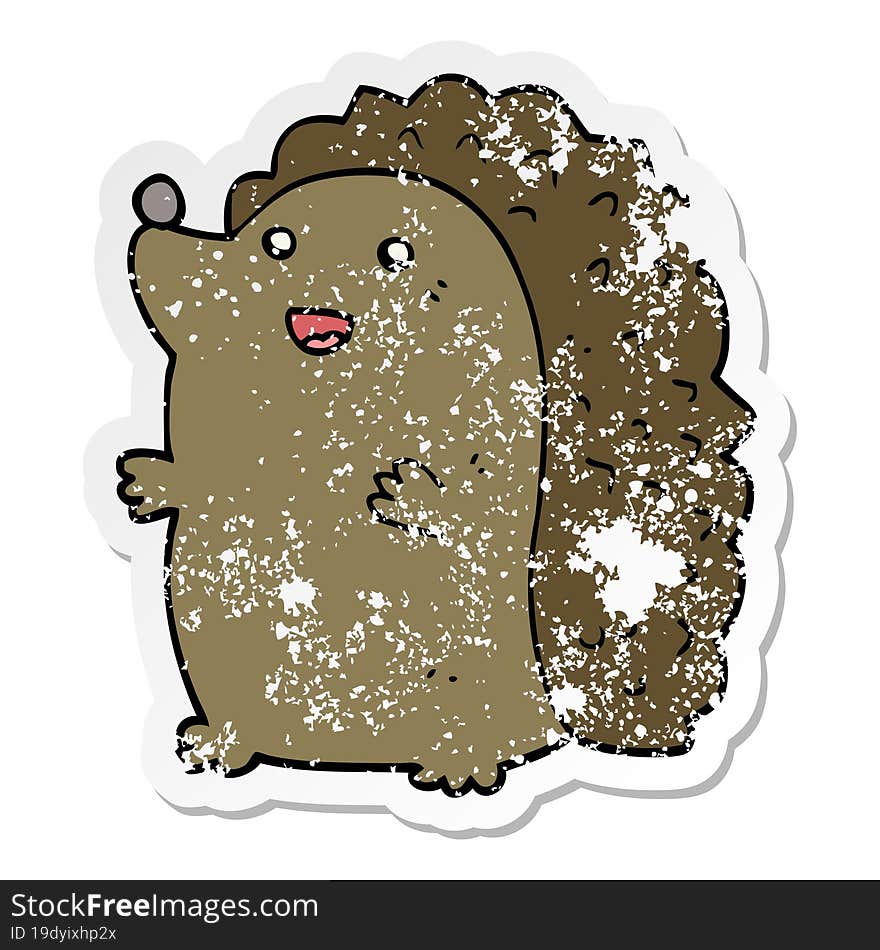 distressed sticker of a cartoon happy hedgehog