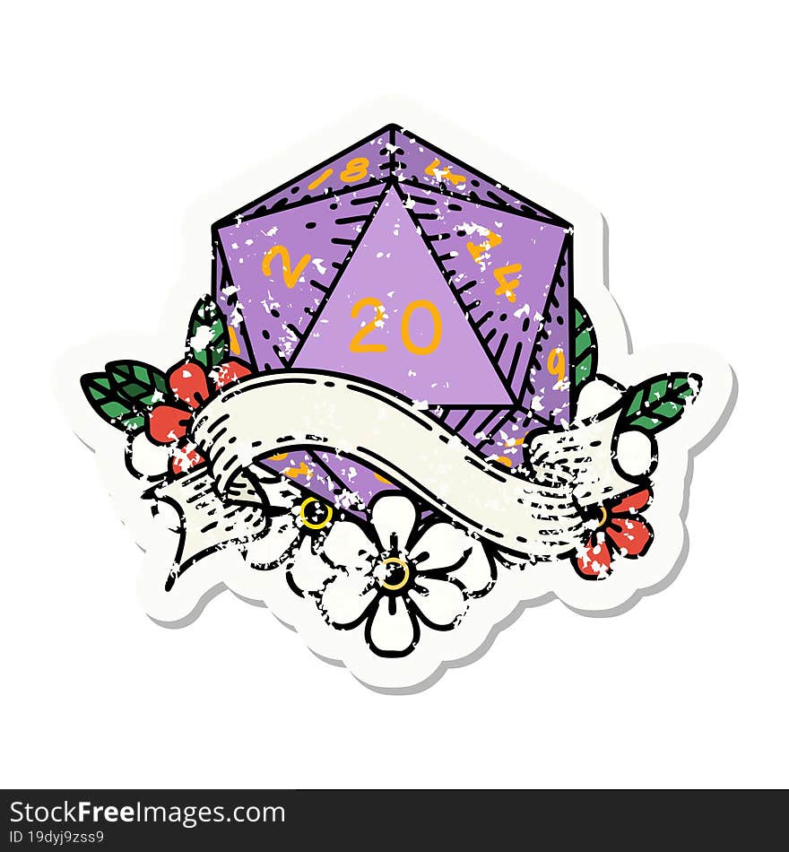 natural twenty D20 dice roll grunge sticker