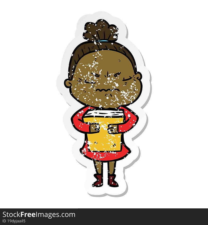 distressed sticker of a cartoon annoyed old lady