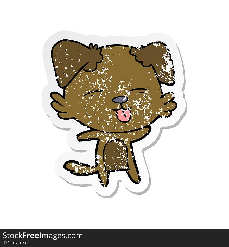 distressed sticker of a cartoon dog sticking out tongue