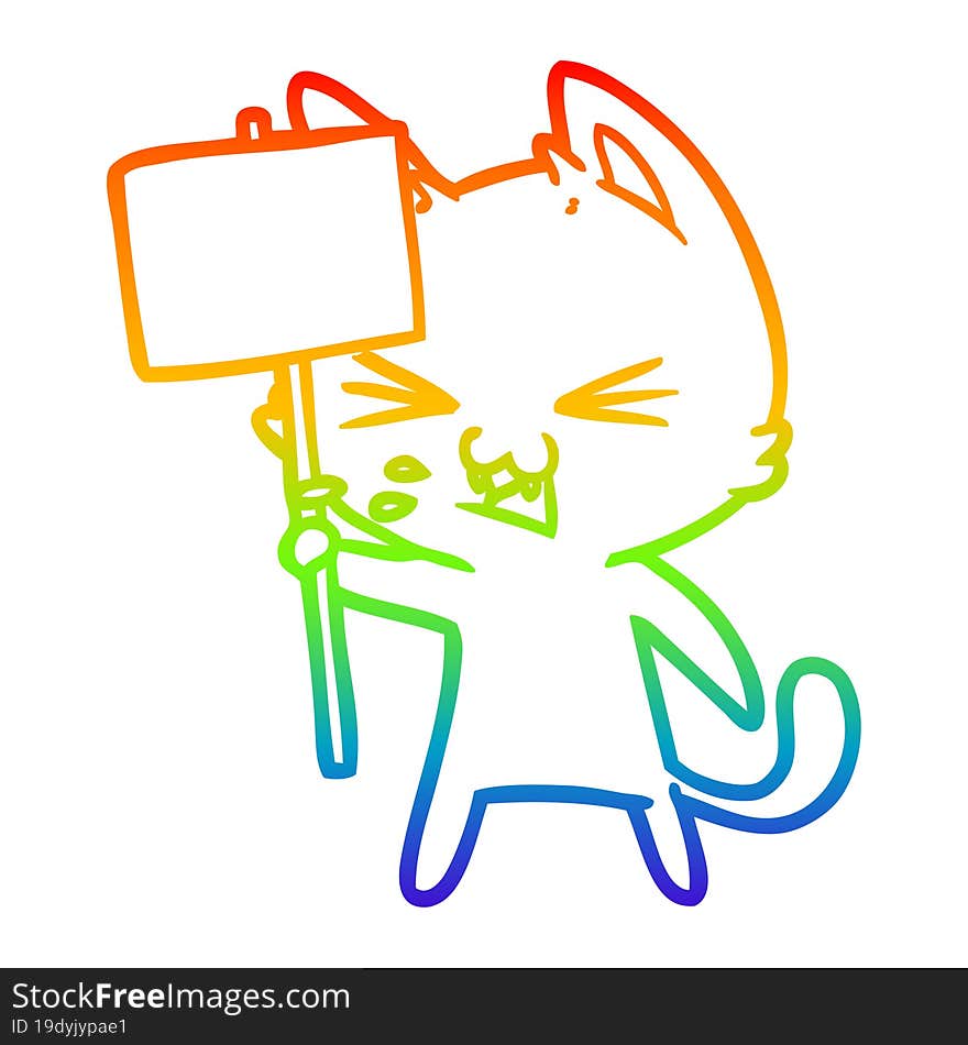 rainbow gradient line drawing of a cartoon cat protesting