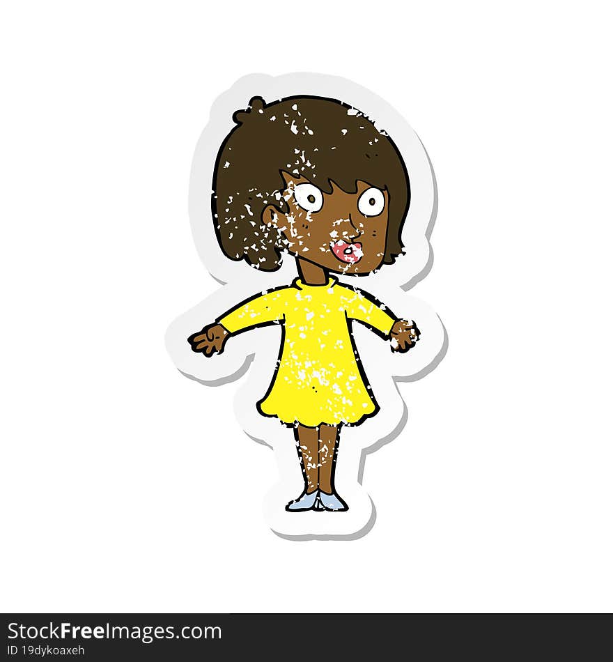 retro distressed sticker of a cartoon woman wearing dress