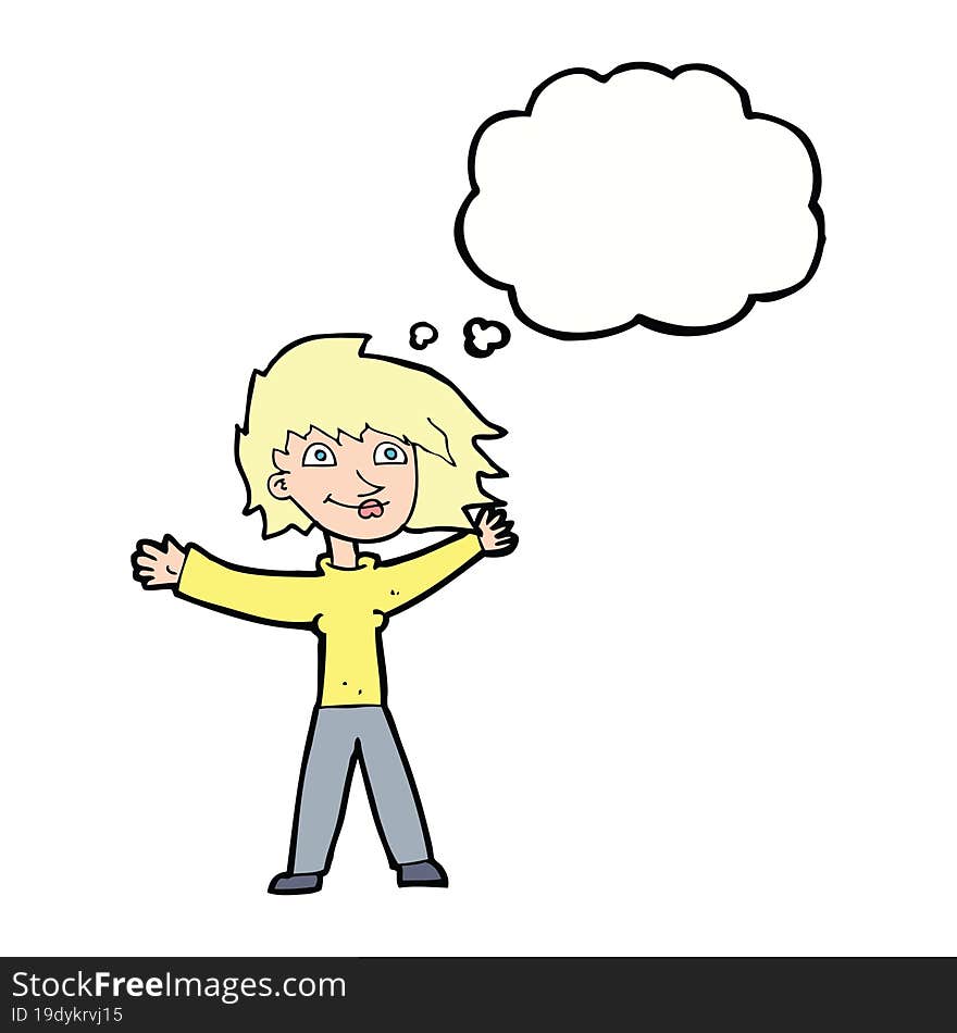 Cartoon Excited Woman Waving With Thought Bubble