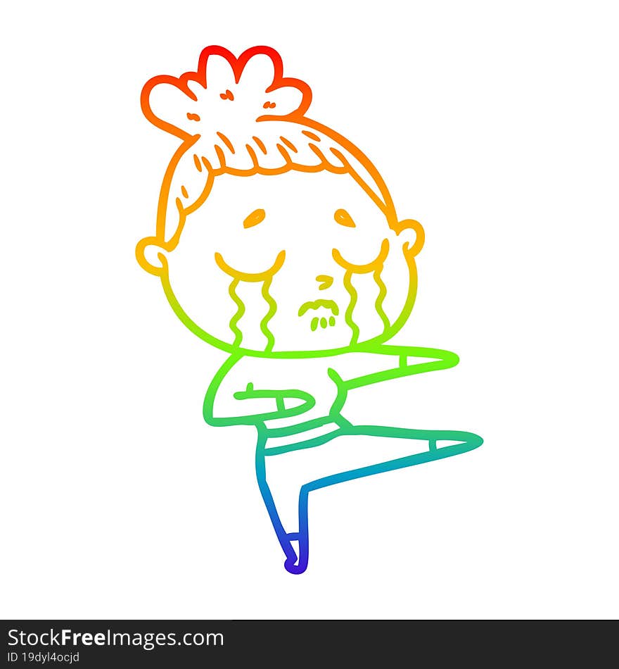 rainbow gradient line drawing of a cartoon crying woman dancing