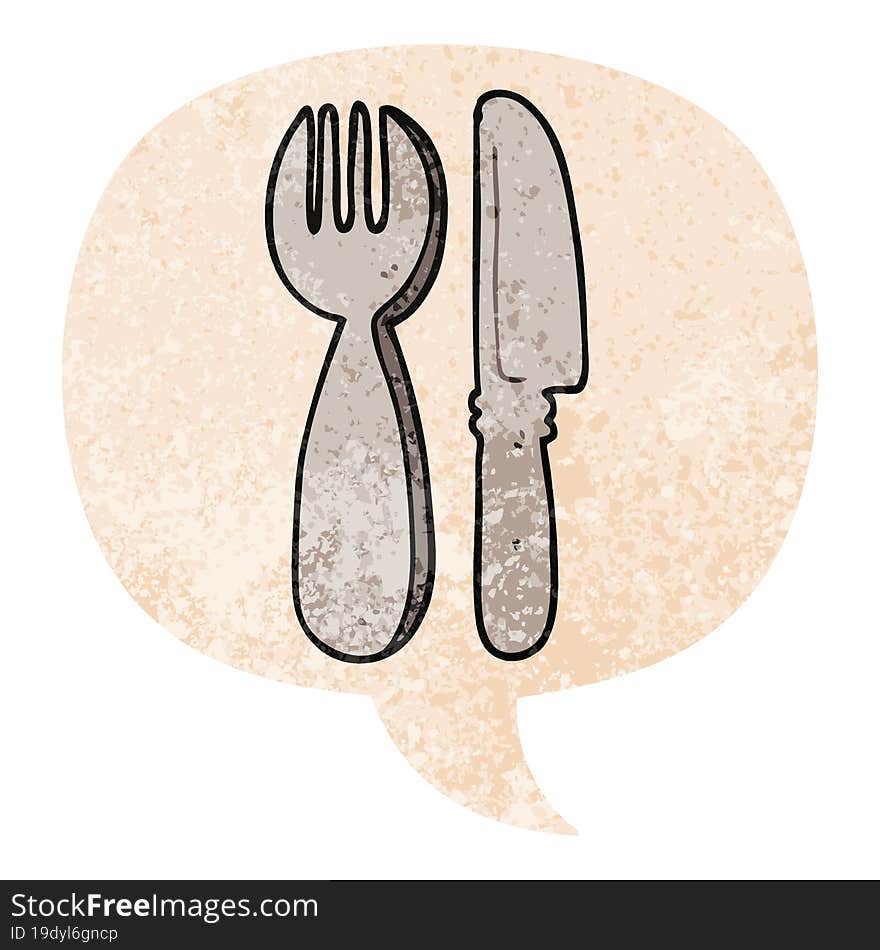 cartoon knife and fork with speech bubble in grunge distressed retro textured style. cartoon knife and fork with speech bubble in grunge distressed retro textured style