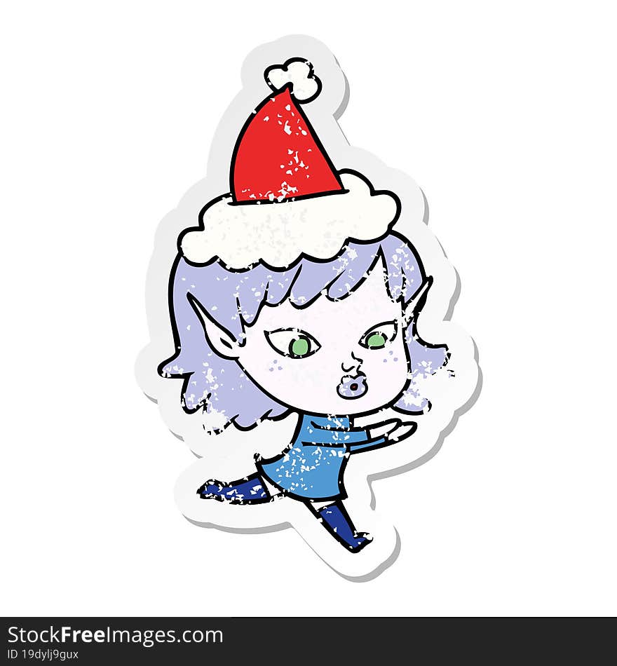 pretty distressed sticker cartoon of a elf girl wearing santa hat