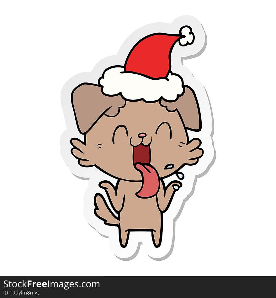 sticker cartoon of a panting dog shrugging shoulders wearing santa hat