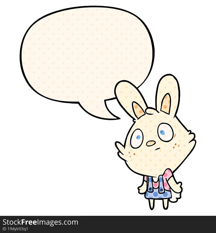 cute cartoon rabbit shrugging shoulders with speech bubble in comic book style