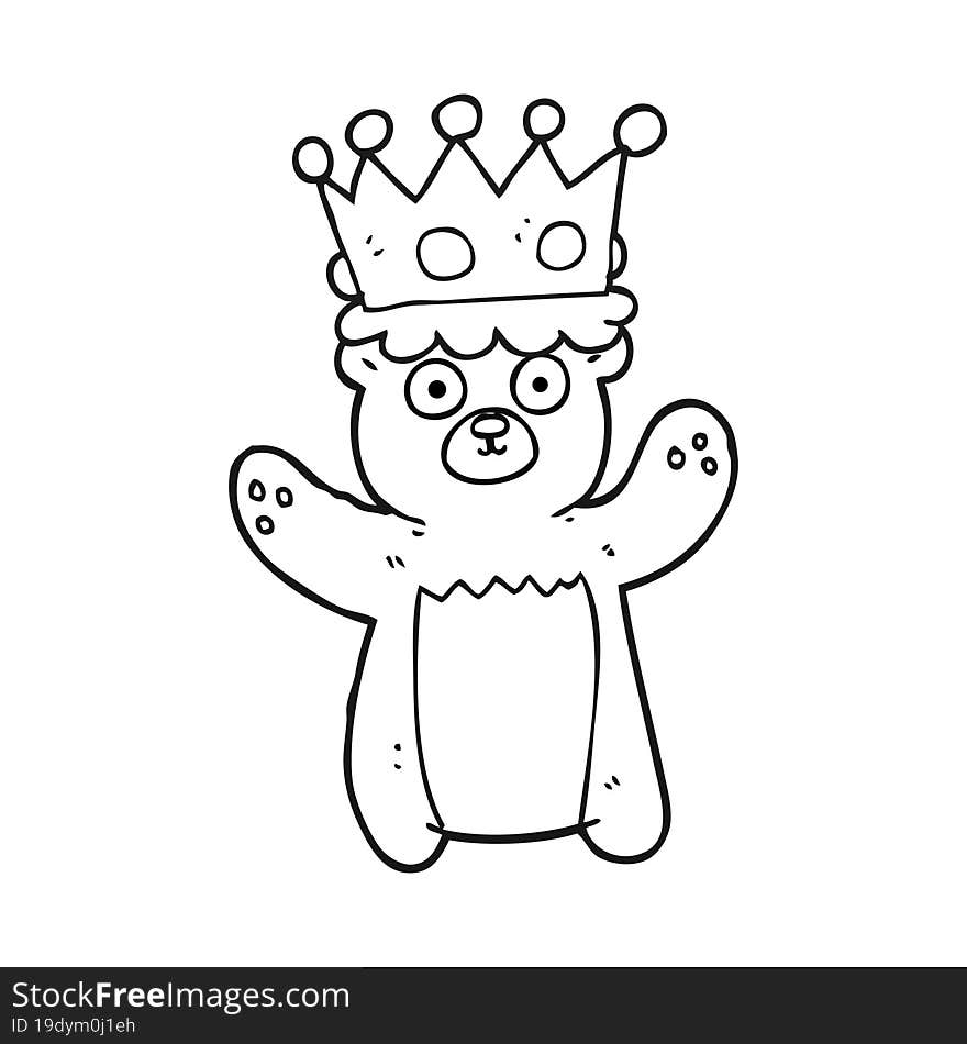 freehand drawn black and white cartoon teddy bear wearing crown