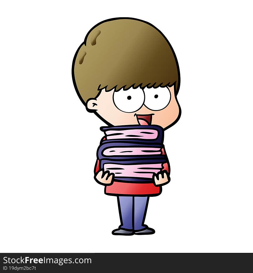 happy cartoon boy holding books. happy cartoon boy holding books