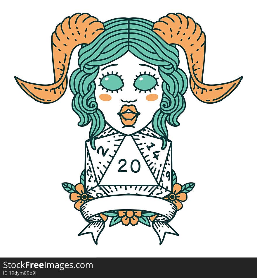 Retro Tattoo Style tiefling with natural 20 D20 roll. Retro Tattoo Style tiefling with natural 20 D20 roll