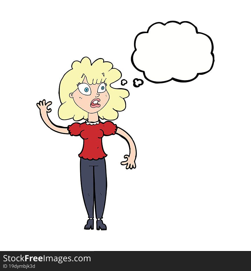 cartoon worried woman waving with thought bubble