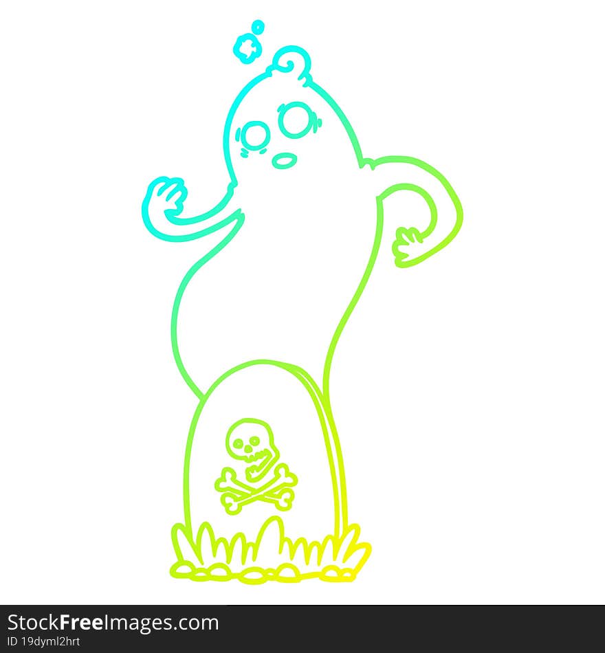 cold gradient line drawing of a spooky cartoon grave with rising ghost