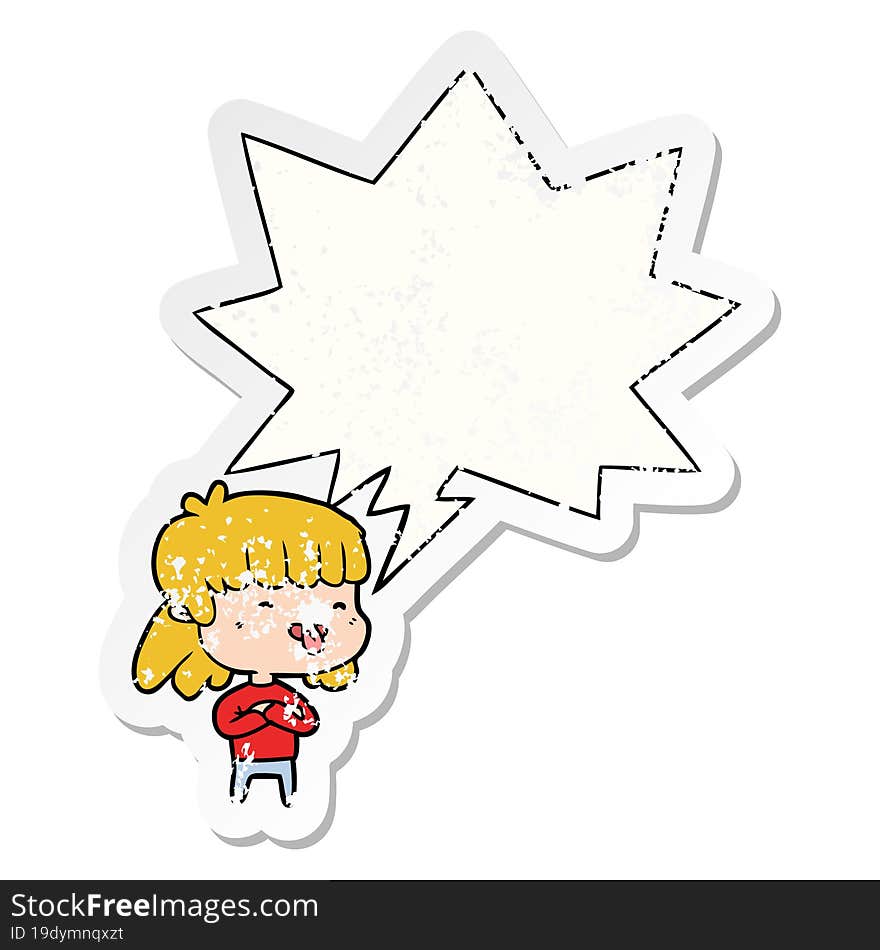 Cartoon Girl Sticking Out Tongue And Speech Bubble Distressed Sticker