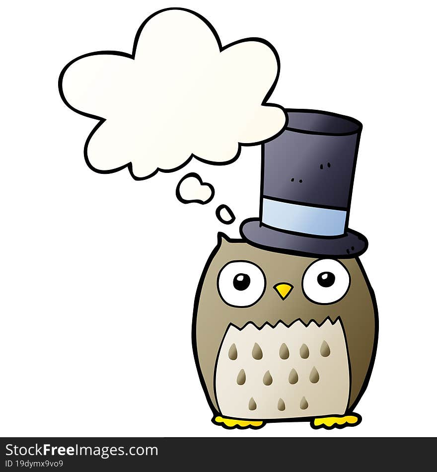 cartoon owl wearing top hat and thought bubble in smooth gradient style