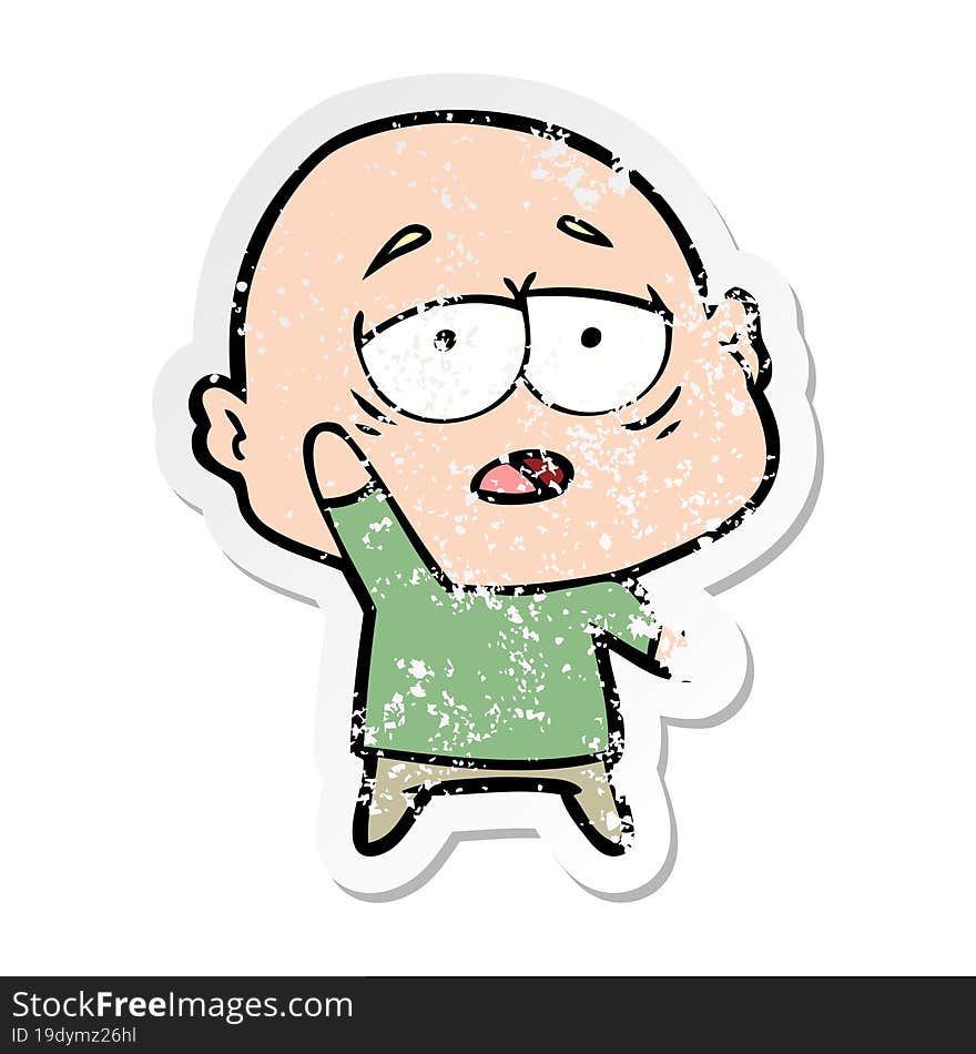 distressed sticker of a cartoon tired bald man