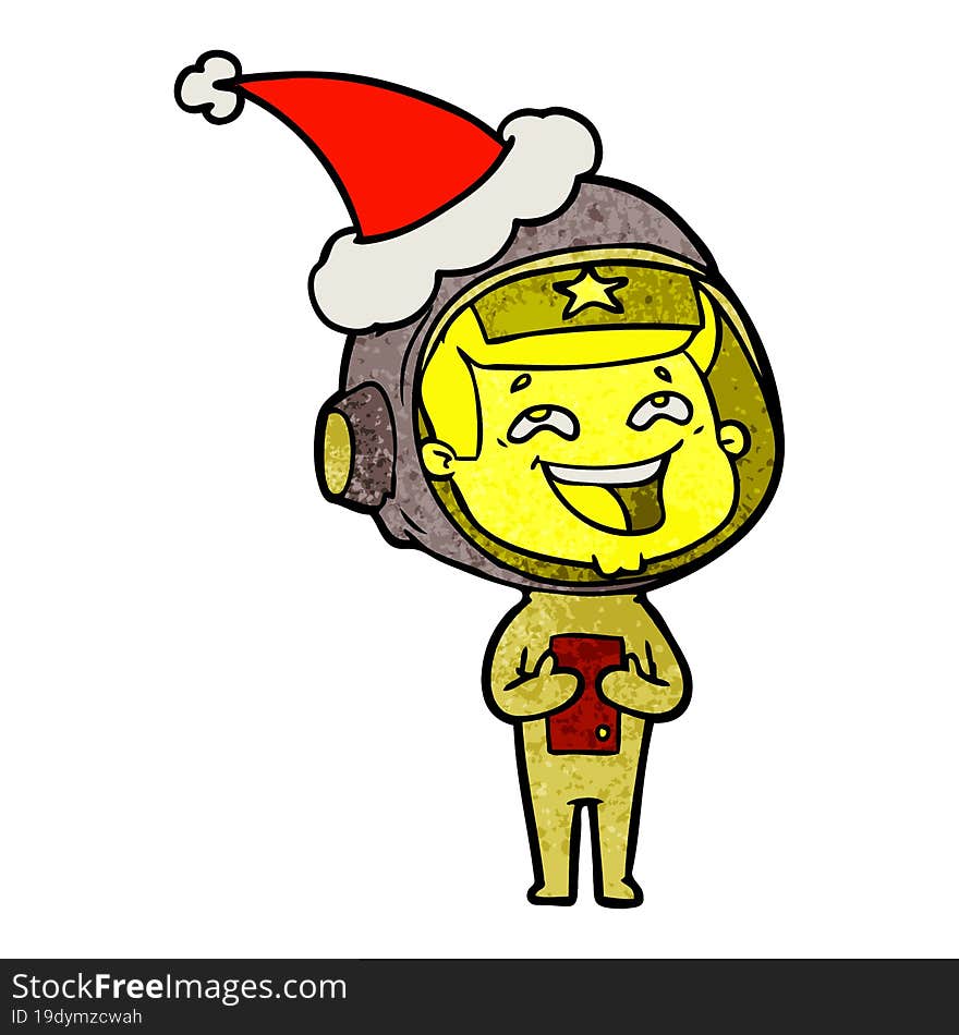 textured cartoon of a laughing astronaut wearing santa hat