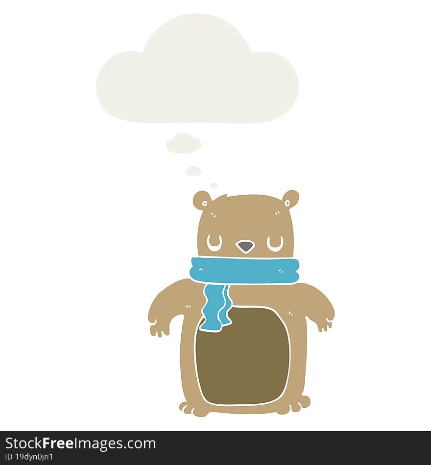 cartoon bear with scarf and thought bubble in retro style