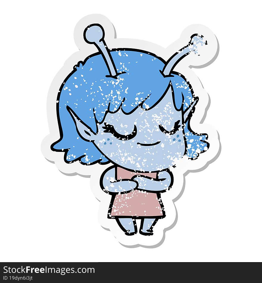 distressed sticker of a smiling alien girl cartoon