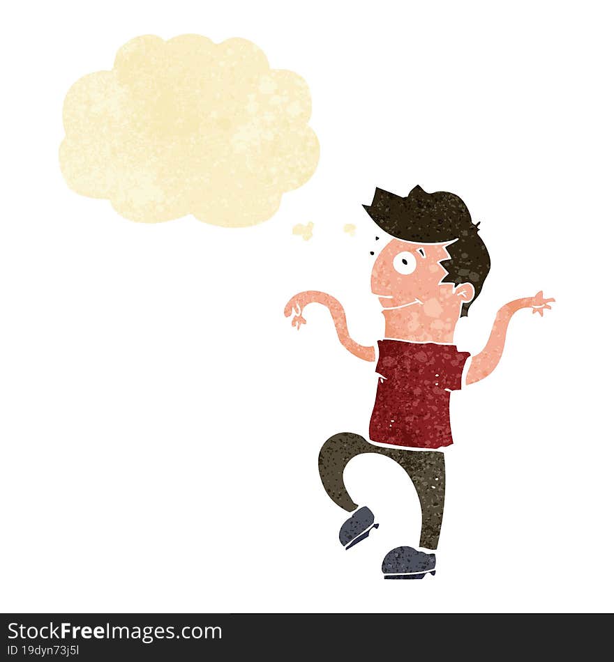 cartoon happy man doing funny dance with thought bubble